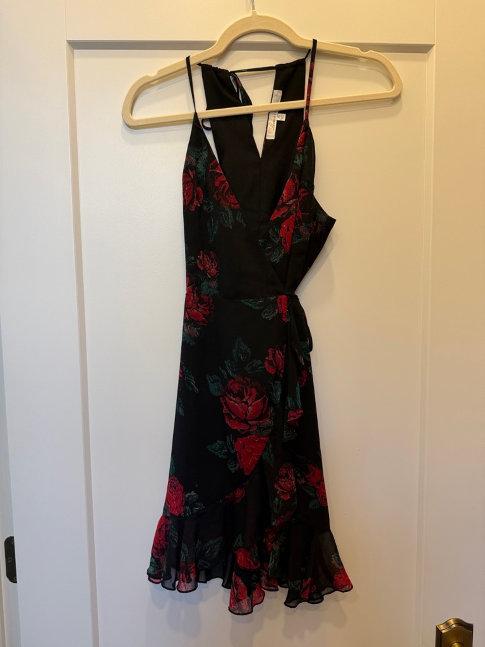 Lovers + Friends Black Midi Wrap Dress with Red Rose Motif